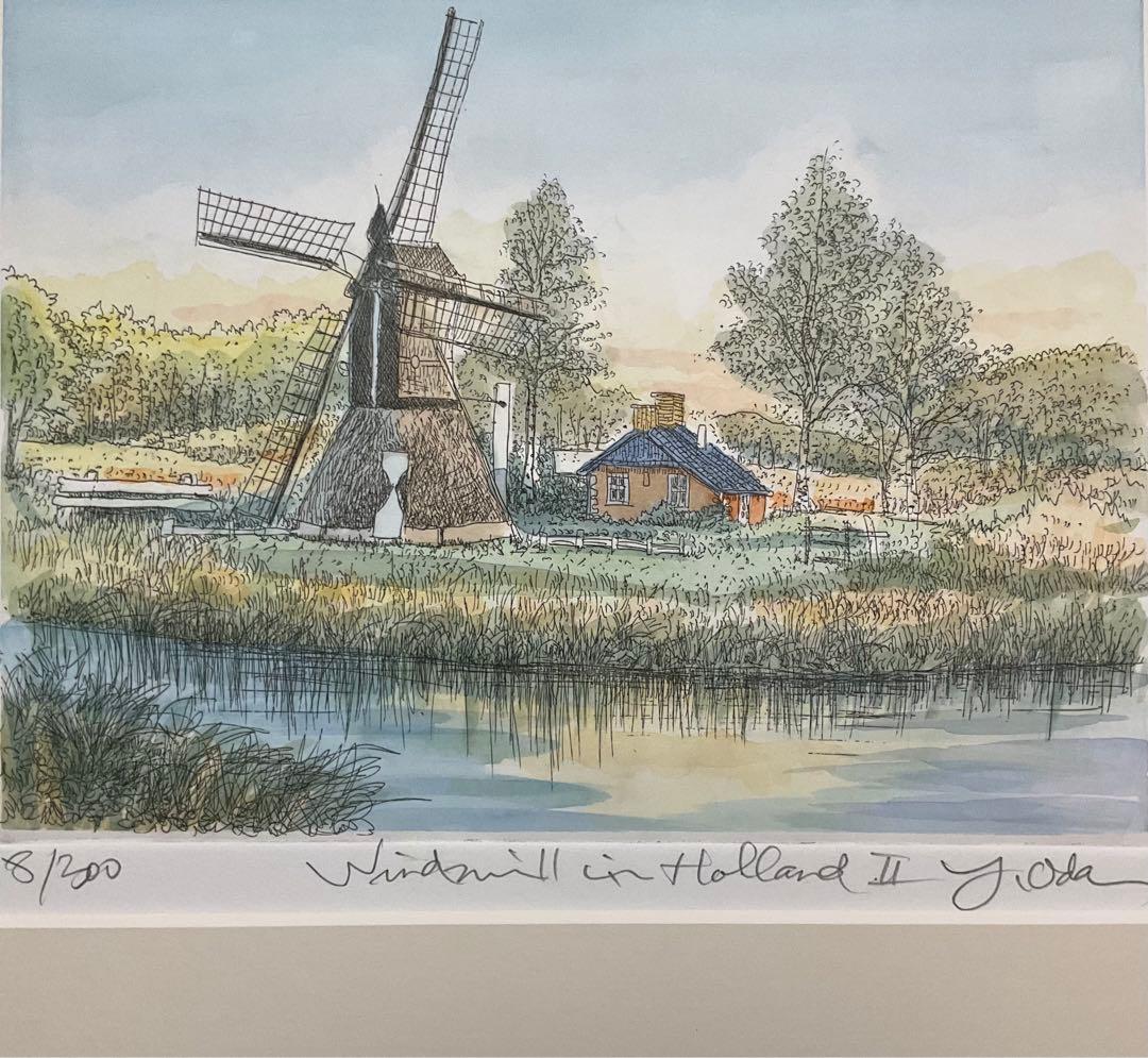 絵画・額縁・版画・織田 義郎・新品未使用・オランダの風車Ⅱ・エッチング・美術品