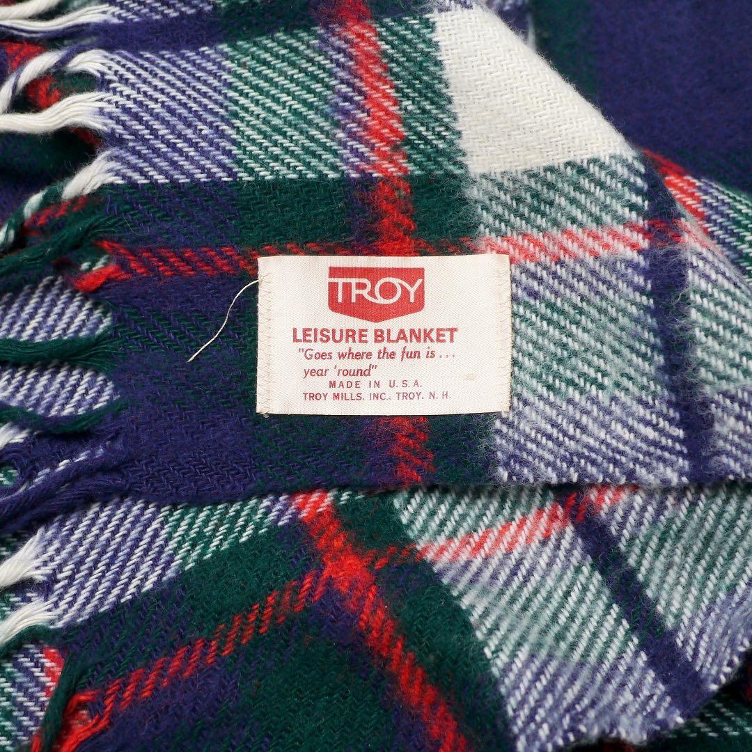 60s70sビンテージTROYウール ブランケット タータンチェック毛布 膝掛け