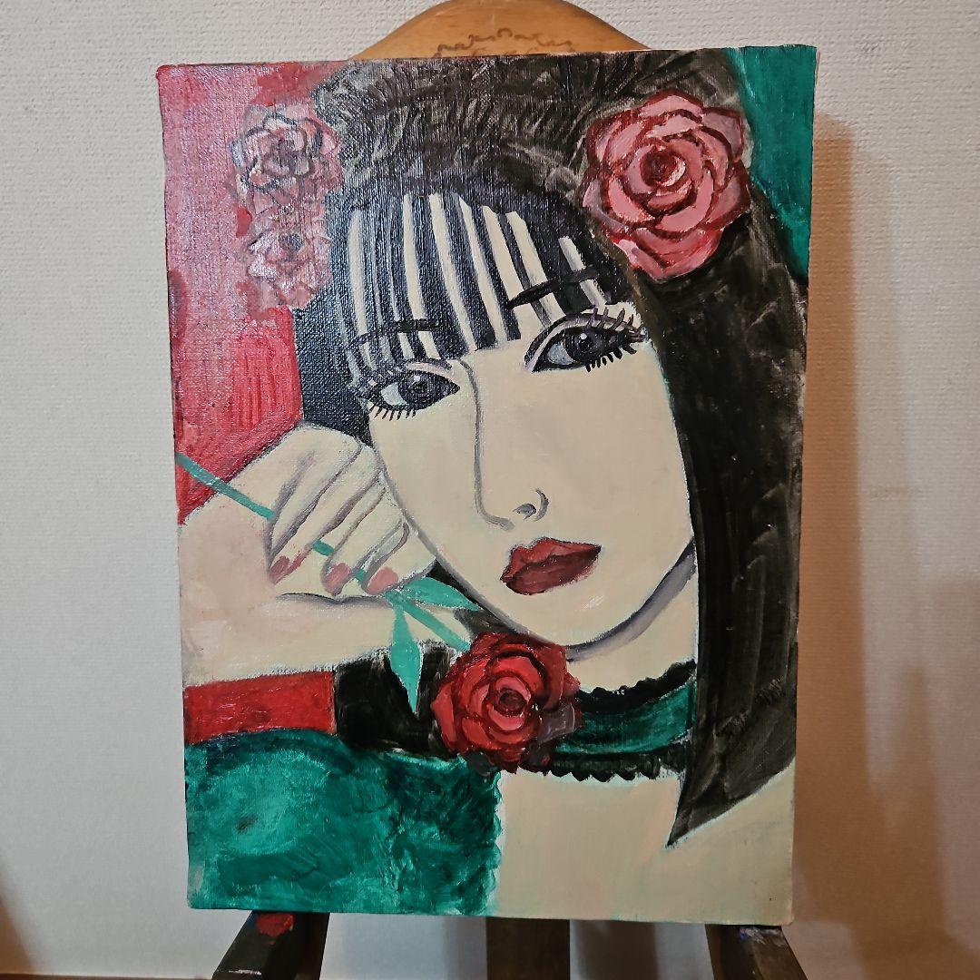 女性の油絵　バラの花