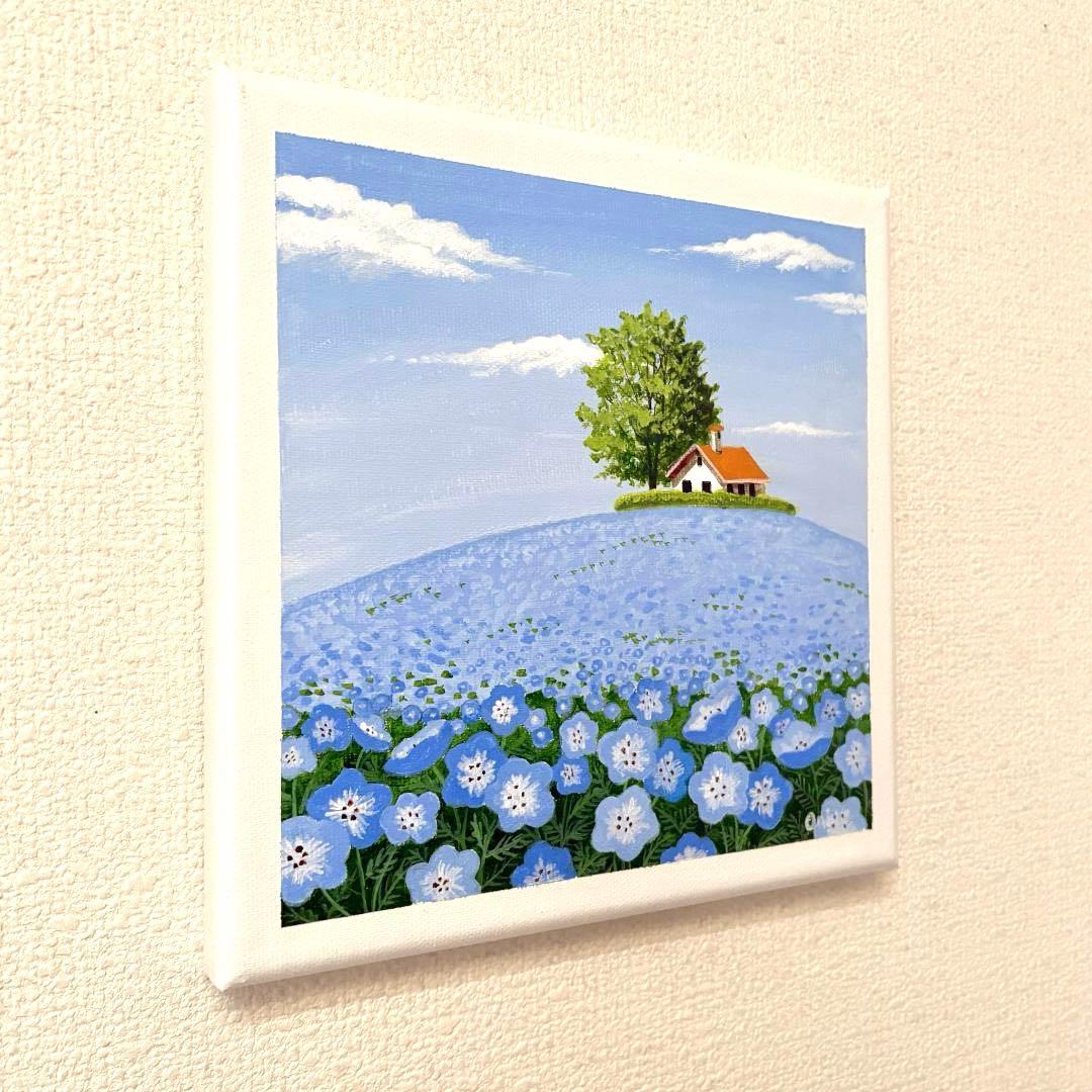 アクリル画　原画　「ネモフィラの咲く丘02」　SSMサイズ　風景画　キャンバス