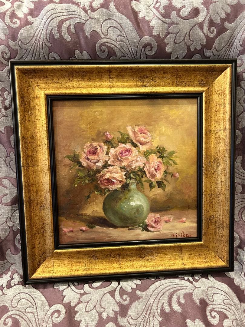 油彩画 ピンクのバラ 緑の花瓶　額縁付き