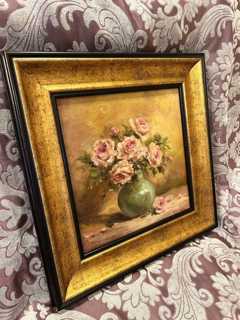 油彩画 ピンクのバラ 緑の花瓶　額縁付き
