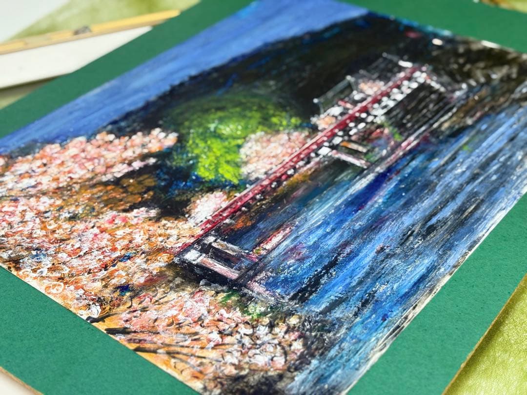 山本達幸「飛騨高山 中橋夜桜」油彩 風景画