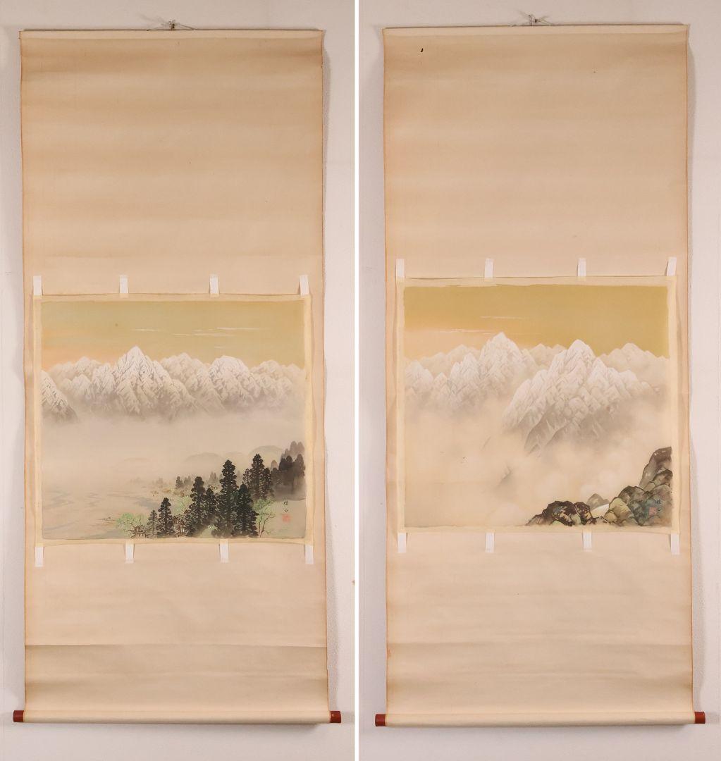 【模写】日本画 まくり2点まとめ 在銘 佳山 雪山 風景 絹本 掛軸 CM425