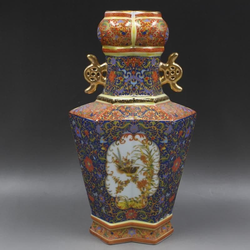大清雍正琺瑯彩蒔金花鳥方形瓶   工芸品  美術品 置物