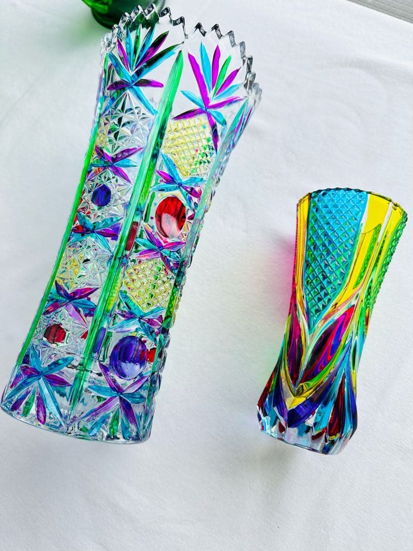Vintage Cut Glass Vaseレトロ ガラス 花瓶 ステンドグラス
