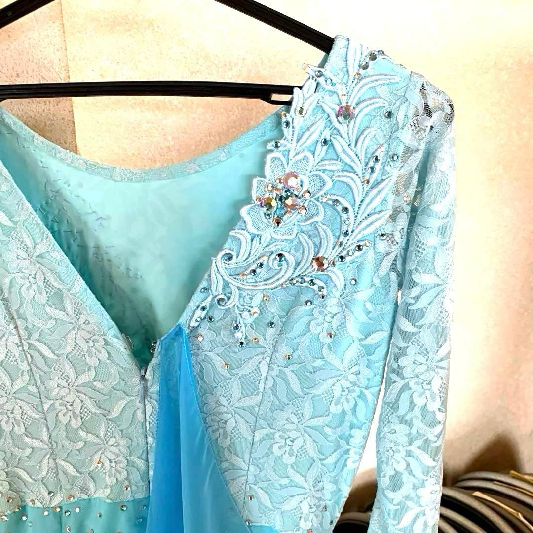 水色 刺繍入り 社交ダンスドレス 長袖