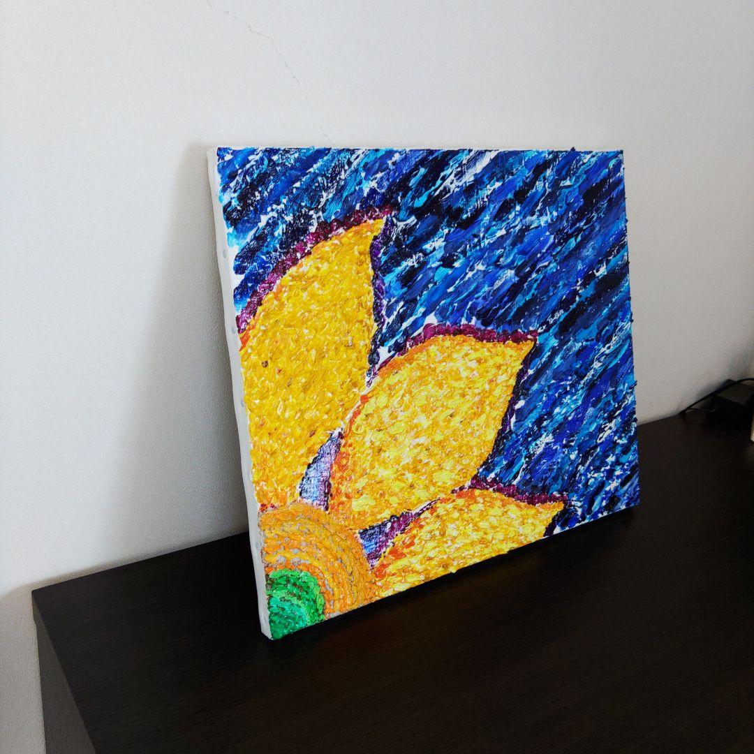 アクリル画 花 ヒマワリ　夏　青　黄色　テクスチャーアート　原画　一点もの