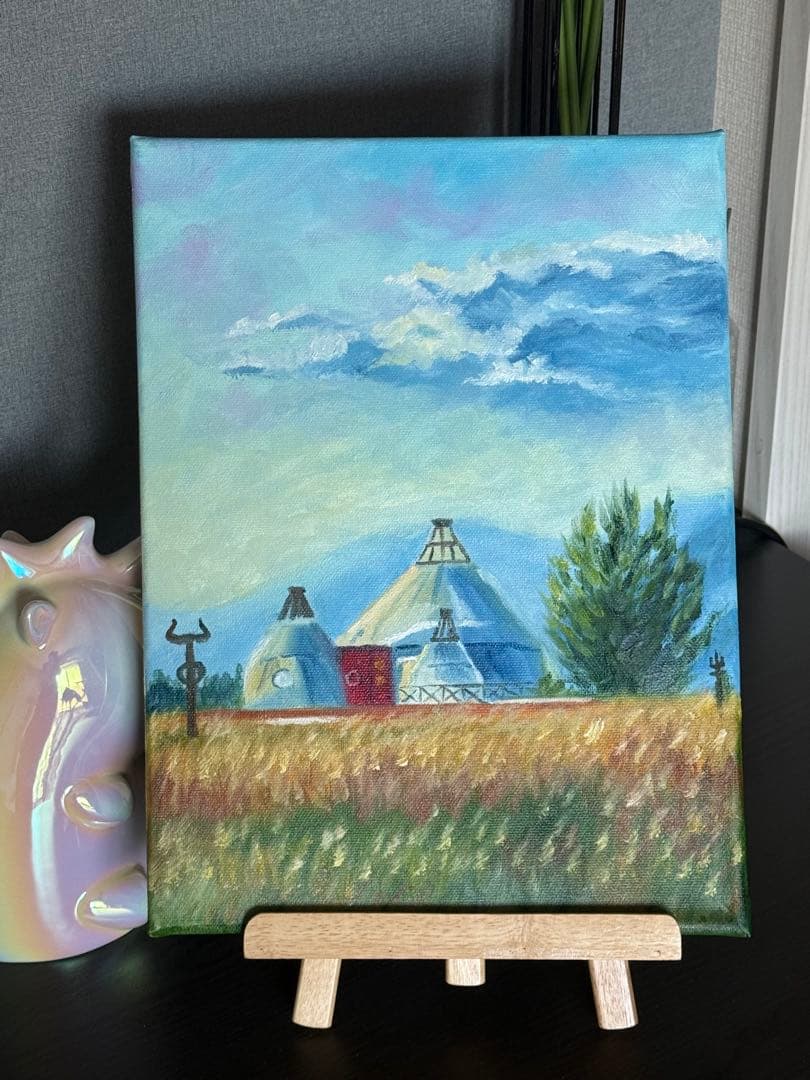 「草原ふるさと」　手描き　油絵　風景画　原画　油彩画