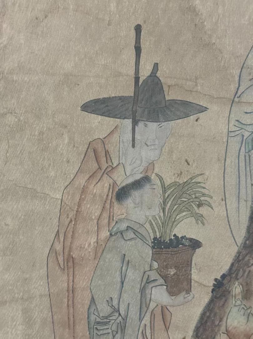 中国古美術 清代 錢慧安 人物と樹木の水彩掛軸 絹本 三尺 手描き 中堂画 肉筆