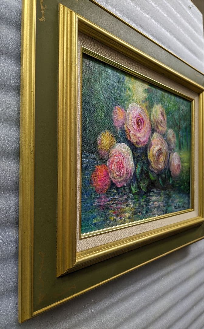 画家haru☆油彩画F4号☆水面に咲く薔薇☆原画★一点物☆