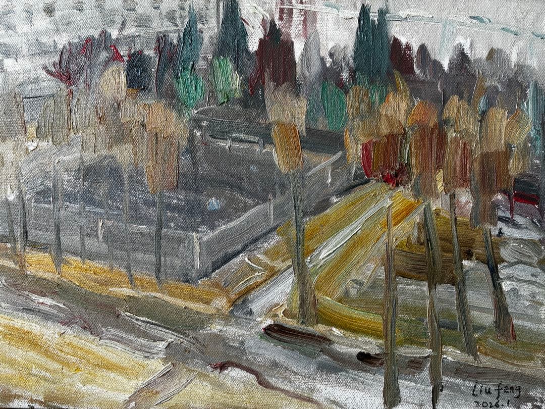 油絵 原画 雨の公園風景 ハンドメイド