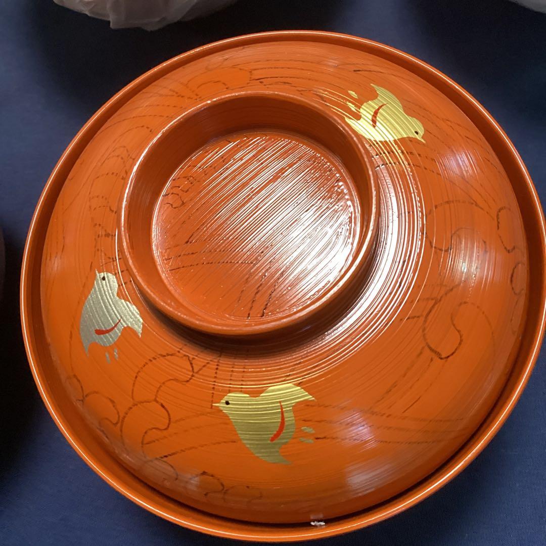 木乾洗朱金銀波千鳥椀5客　　　新品未使用