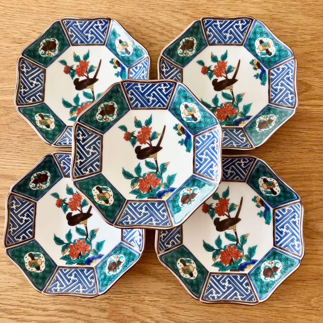 期日限定値下げ【新品・未使用】九谷焼 青郊窯 色絵花鳥 八角皿 15cm 5枚揃