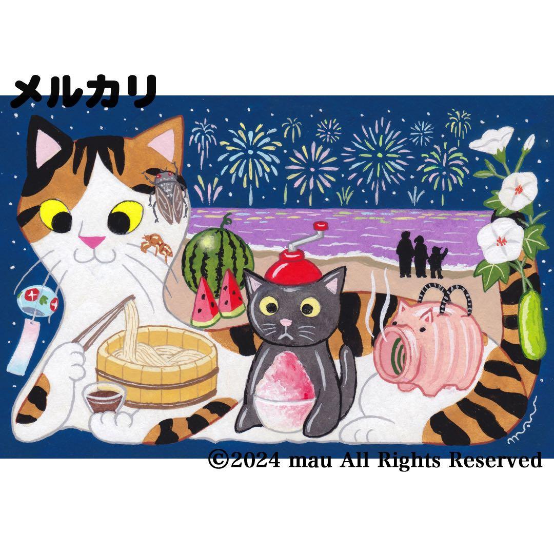 原画「猫の背中に日本の夏」猫/三毛猫/イラスト/絵画/アート/花火/すいか/風鈴