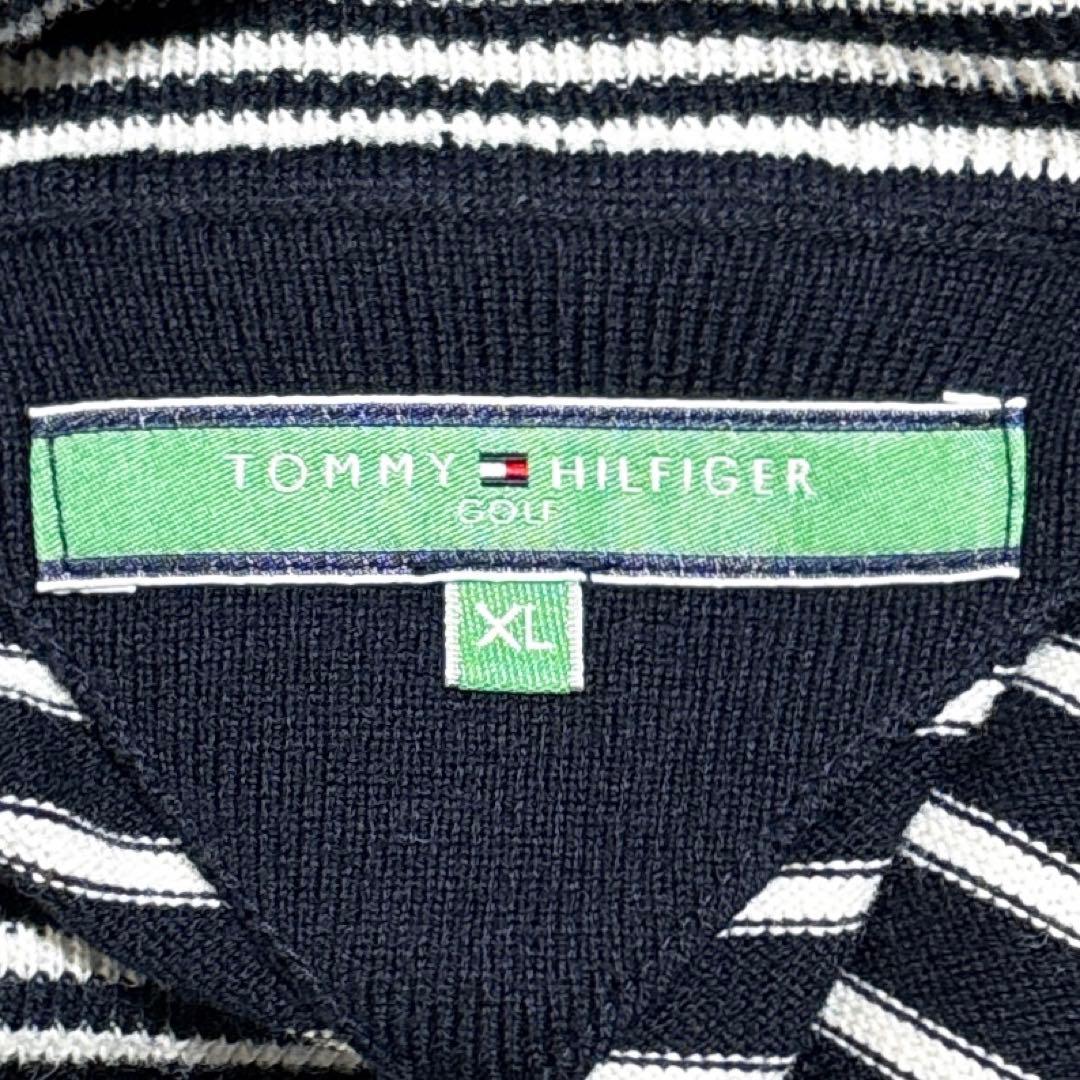 トミーフィルフィガー ボーダー ニット ハイネック センターロゴ 刺繍ロゴ XL