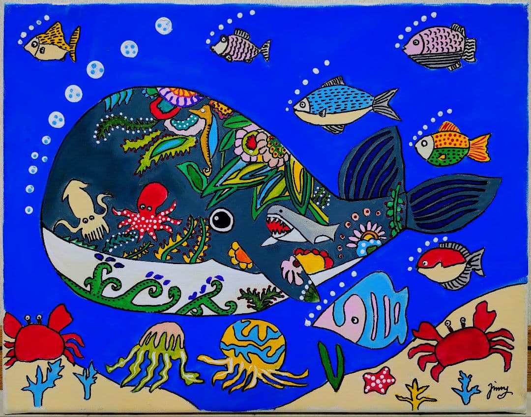 【F6号】ジミー大西【海】手描き/表裏サイン有/油彩/アクリル/絵画/額縁/額装