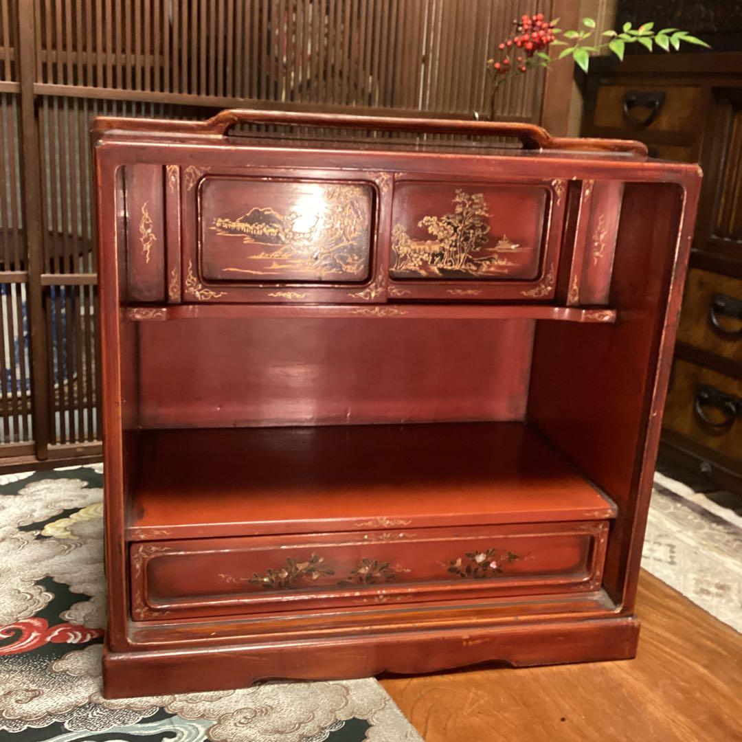煎茶道具　唐物　木製漆　器局　茶箪笥　螺鈿　山水、梅に山茶花蒔絵