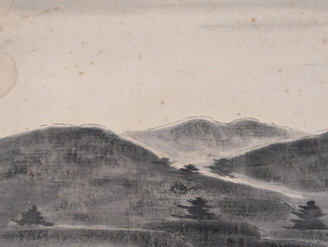 【真作】絵画　水墨画（色紙）　田園風景図　農耕と牛の情景　農村風景　Z36