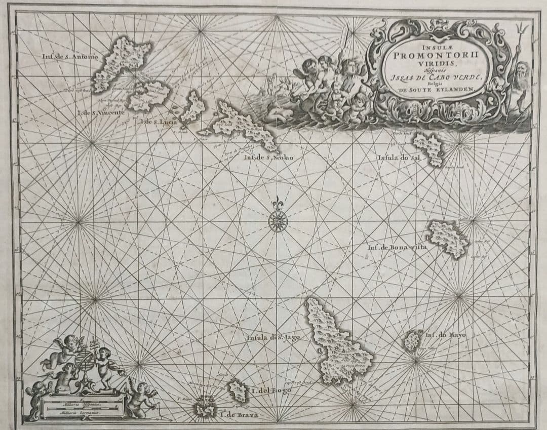 額装品　古地図　1670年頃　J.オーギルビー　「カーボべルデ諸島」海図