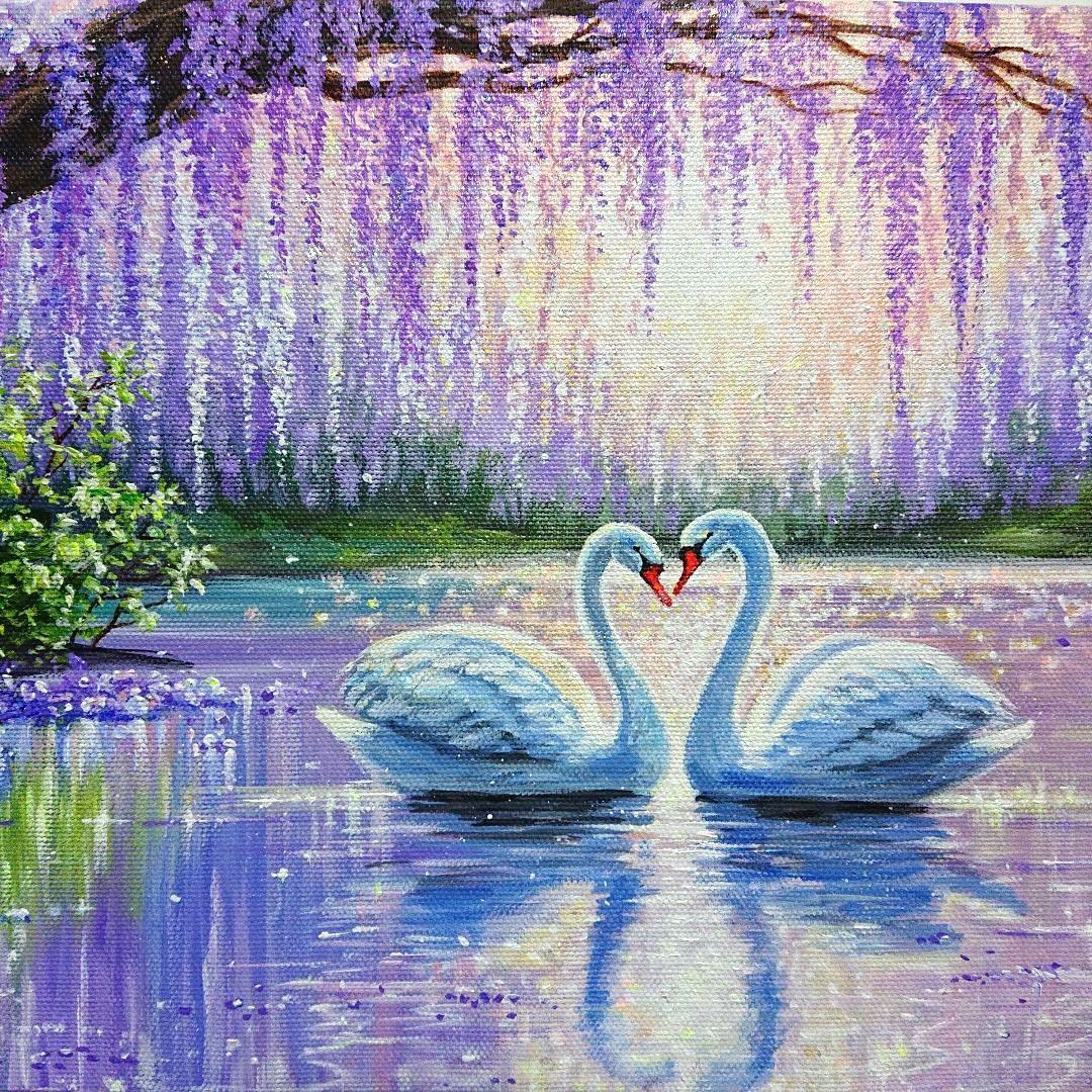 【煌めく藤の花】アクリル画 F3 風景画 絵画
