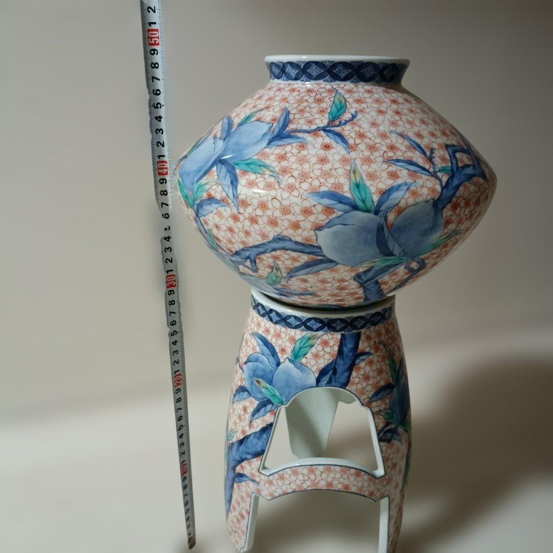 花柄陶器花瓶 ✿市川光春　鍋島御庭焼　桃文台付花瓶