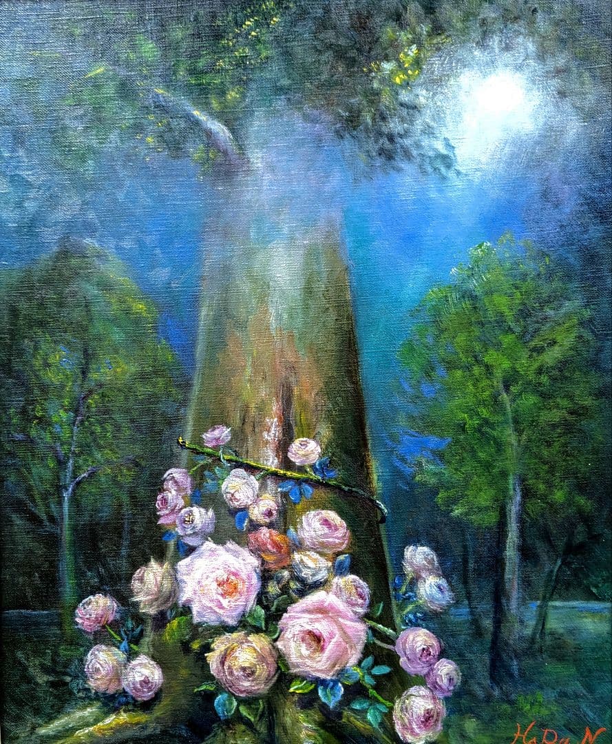 画家haru☆油彩画F8号☆☆月明かりの薔薇☆☆真作、原画、一点物☆☆