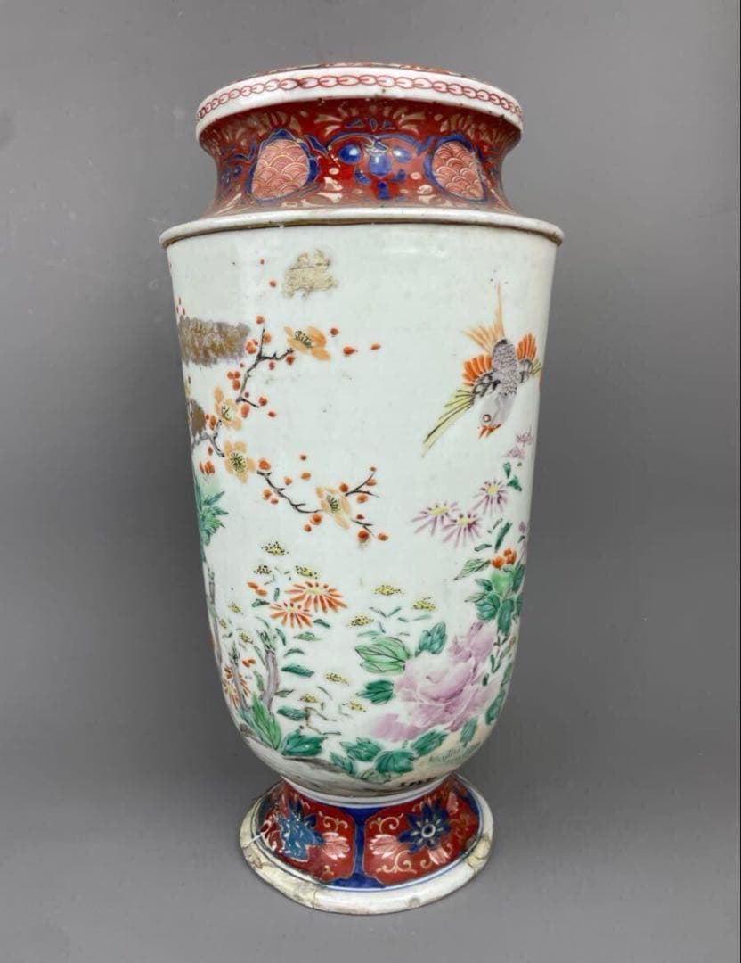 明治期 古伊万里 花鳥図 花瓶 飾壺 花器 永世舎? 雉 梅 赤江 色絵 手描き