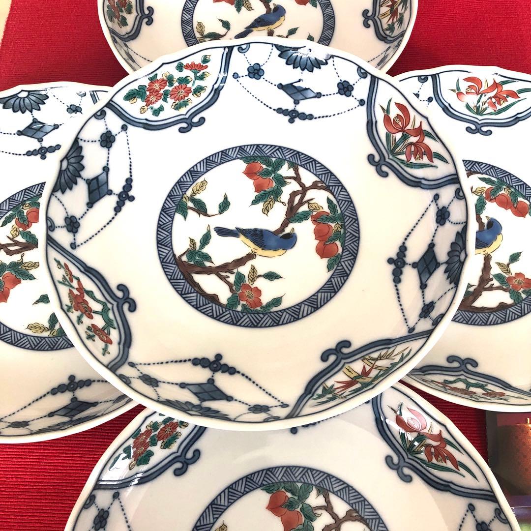 九谷焼 青郊窯 6号皿揃 染付瓔珞紋花鳥　５枚セット【新品未使用品】