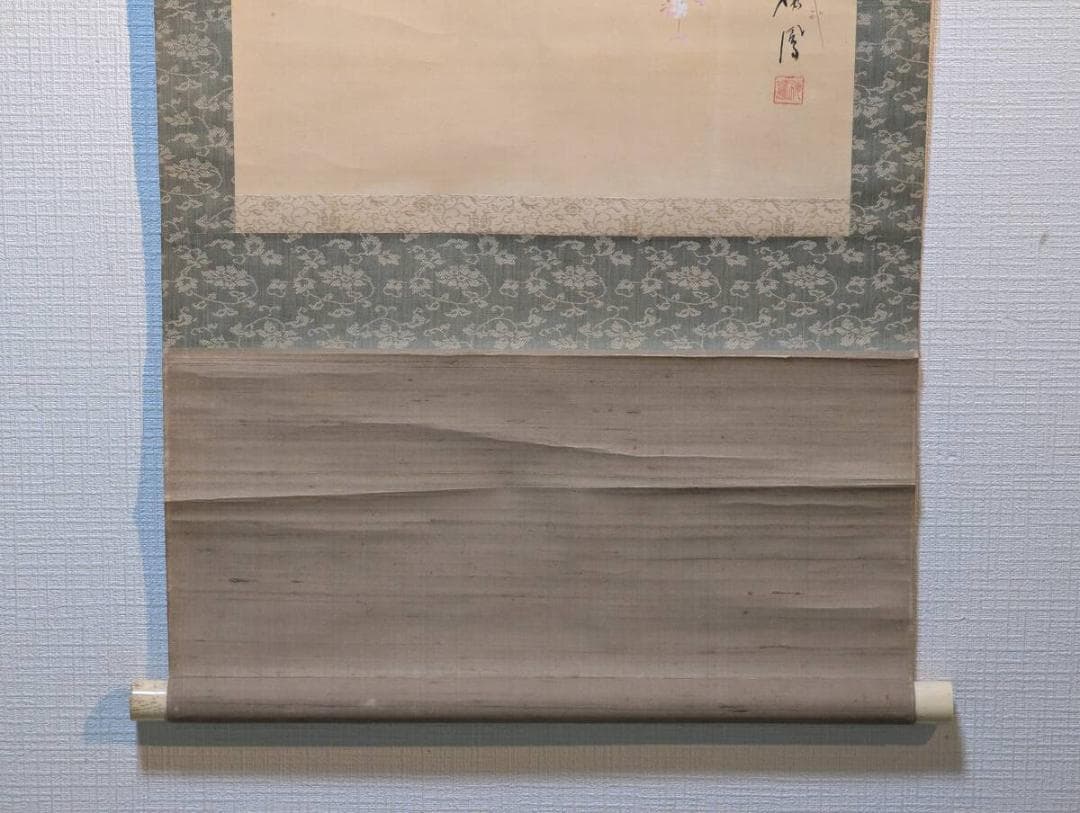 【真作】掛軸　舟遊図　桜咲く春の川を行く優雅な日本画掛軸　V118