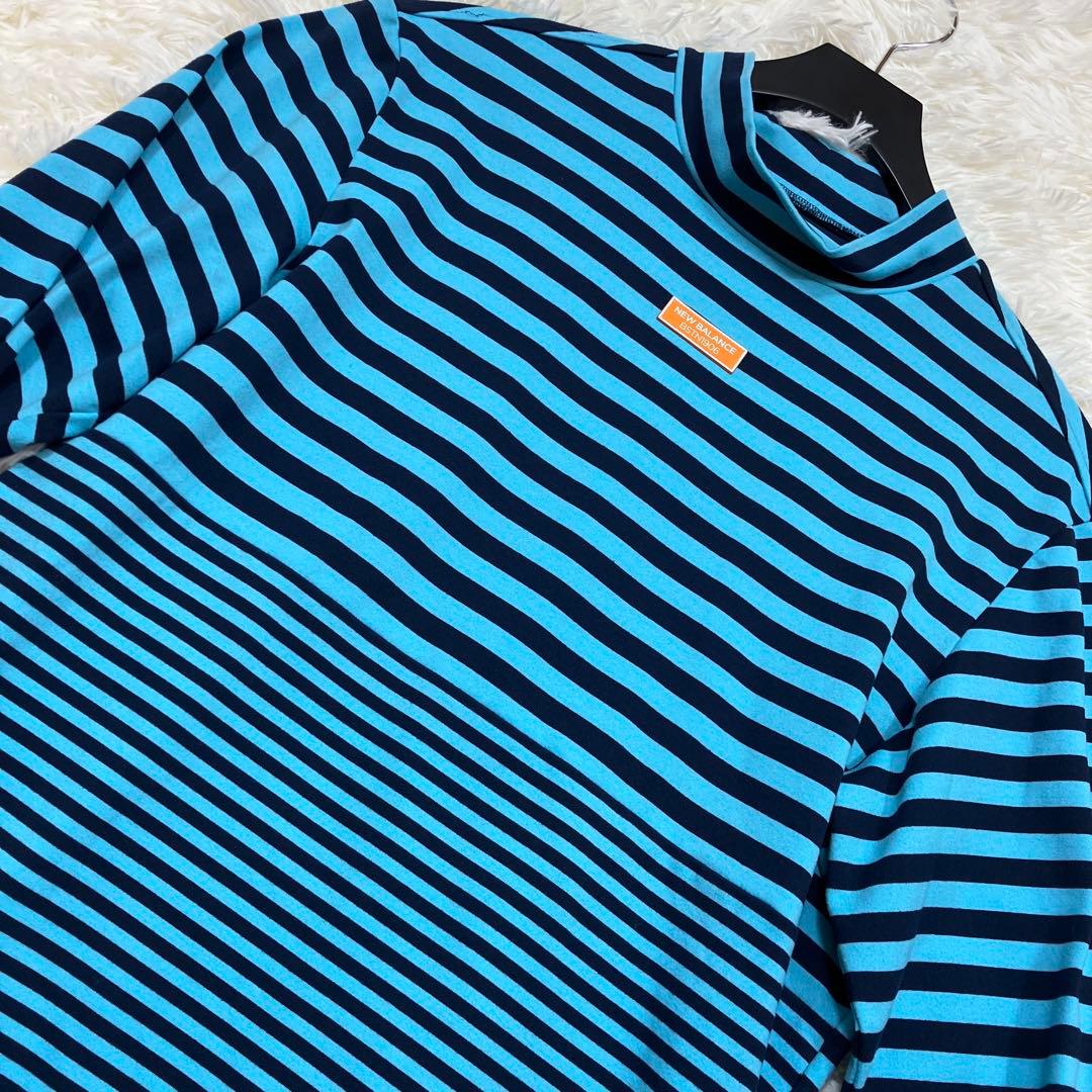 極美品ニューバランスゴルフ長袖カットソー ボーダー モックネック ブルー XL