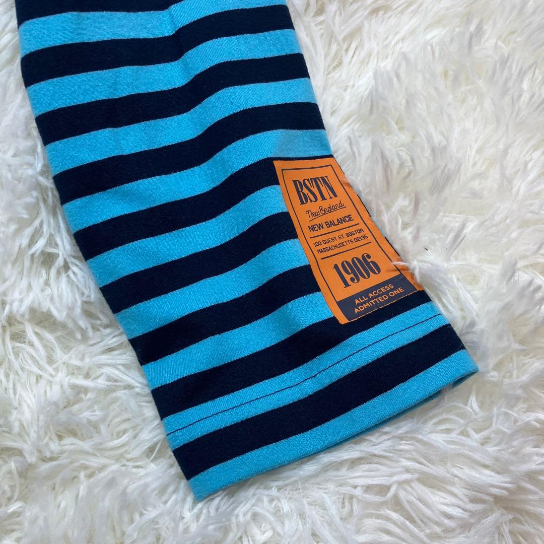 極美品ニューバランスゴルフ長袖カットソー ボーダー モックネック ブルー XL