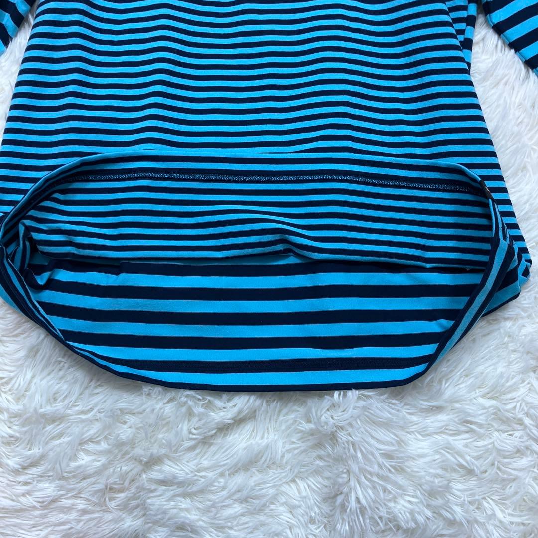 極美品ニューバランスゴルフ長袖カットソー ボーダー モックネック ブルー XL