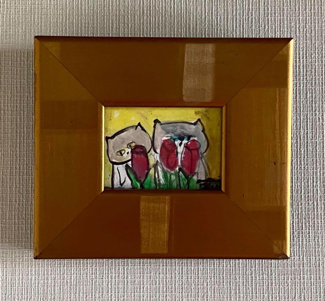 絵画。原画【2匹のかわいい猫が赤いチューリップの茂みでデートしている】