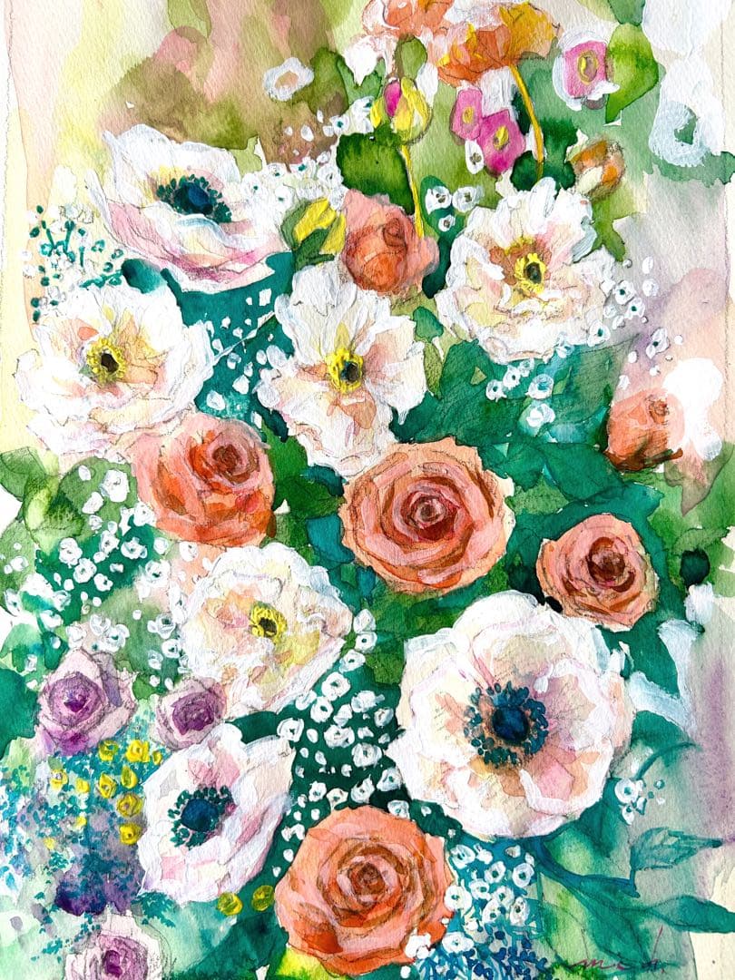 アネモネと薔薇　水彩画　A4サイズ ホワイト額入り