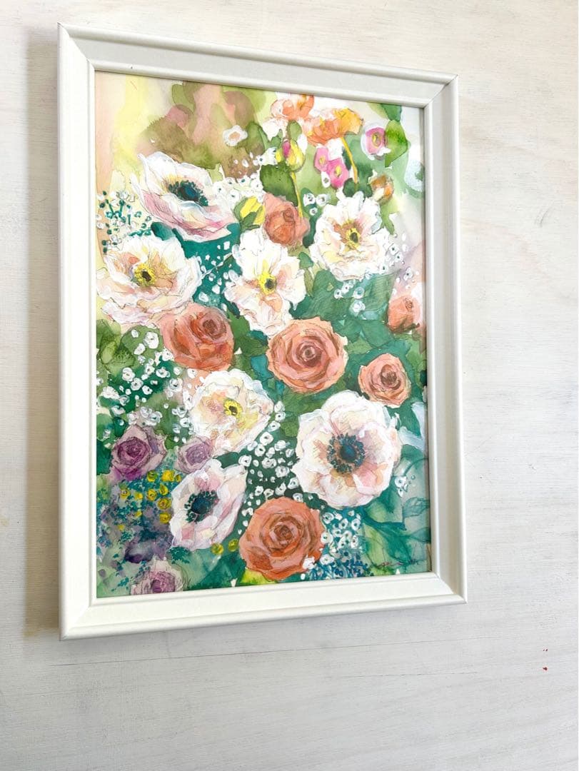 アネモネと薔薇　水彩画　A4サイズ ホワイト額入り
