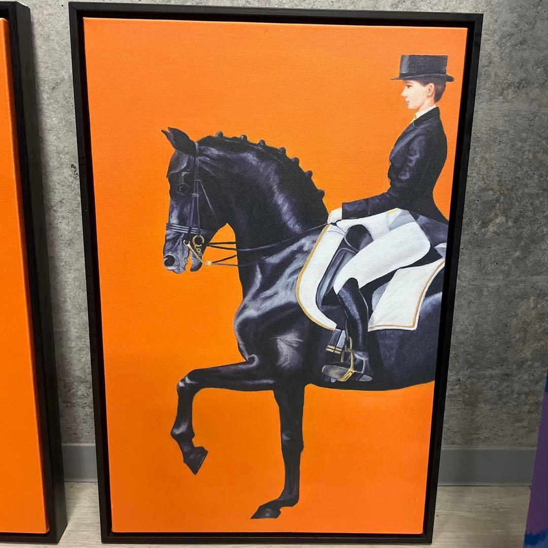 モダンアート 絵画 2点セット 馬×女性 騎馬 オレンジ背景 額入り