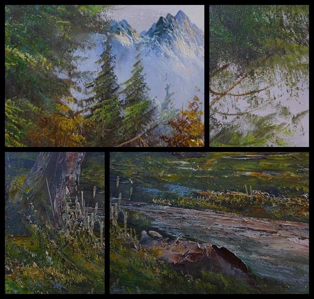 大型油絵『山水風景』肉筆油絵 風景画 作者在銘 木製額★時代物★