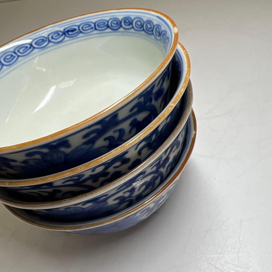 中国美術　新渡唐草青花煎茶碗4客　口径約9.5㎝　東Y8-0402②