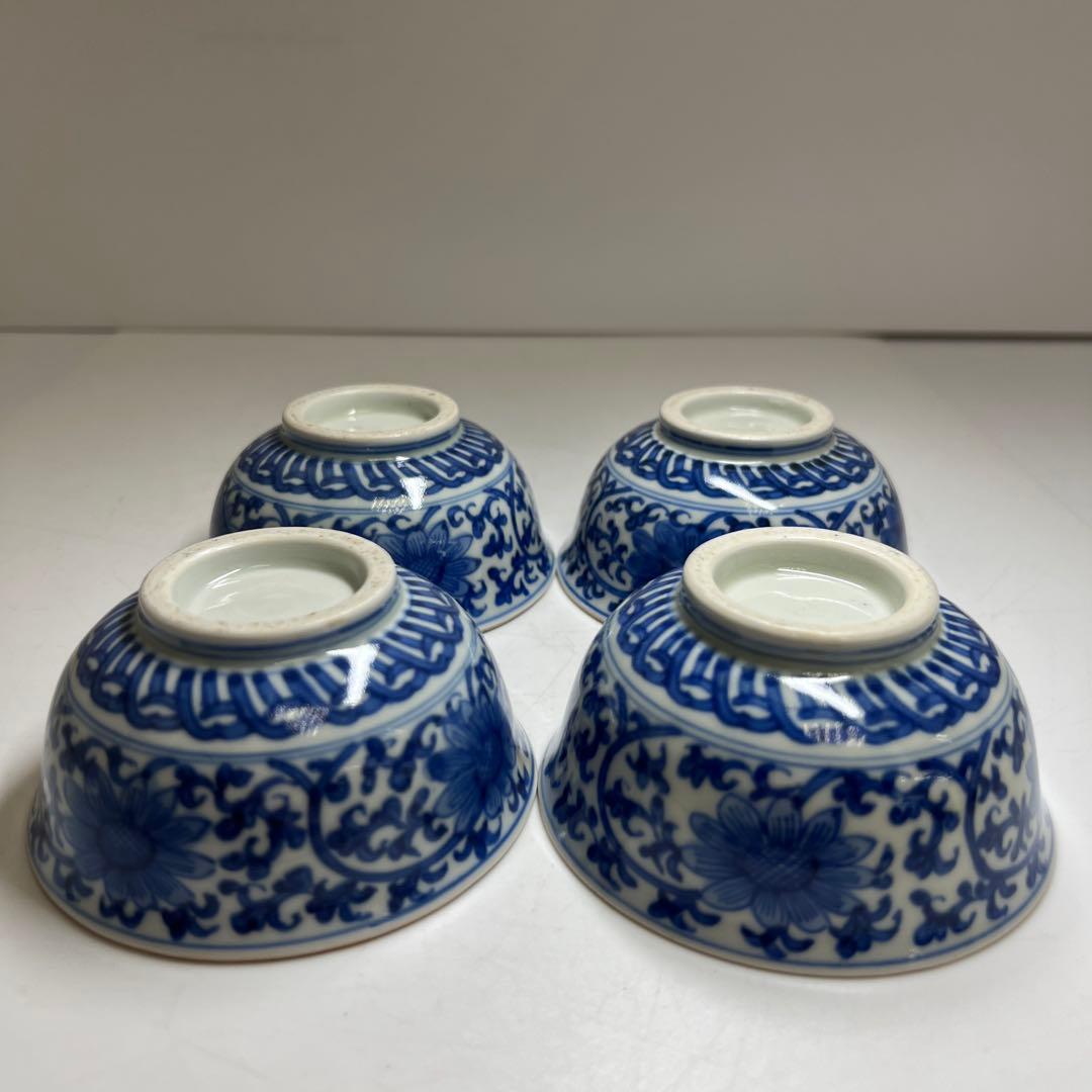 中国美術　新渡唐草青花煎茶碗4客　口径約9.5㎝　東Y8-0402②