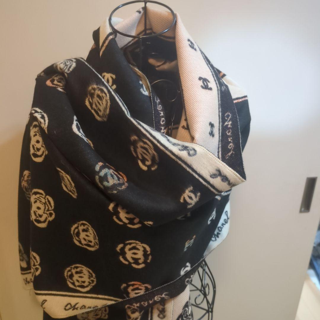 Chanel ロゴ スカーフ ブラック ベージュ 90cm