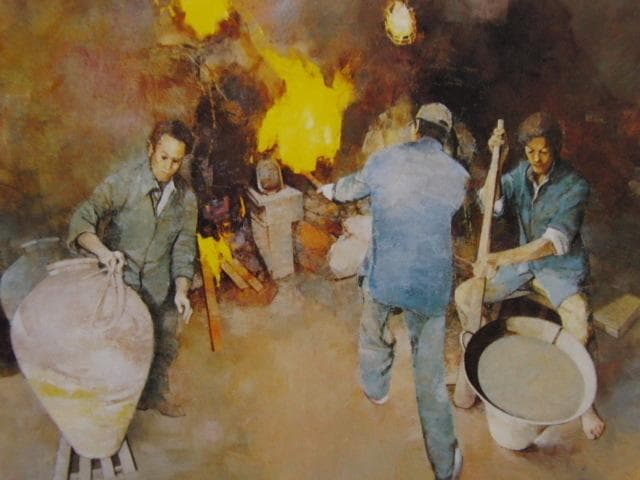 大歳克衞、【窯場の構図】、希少な大判額装用画集より、美品、日本人画家