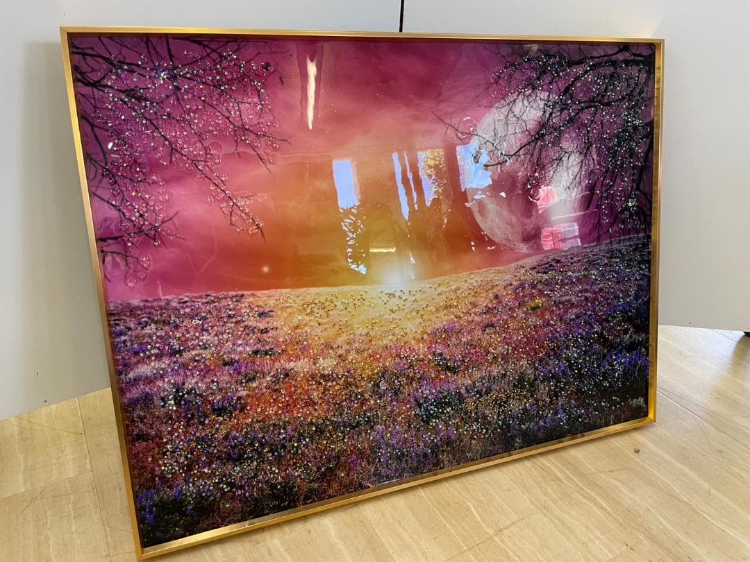 水晶絵　夕日　風景画　風景　アート　額縁　アートパネル　クリスタル　立体　絵画