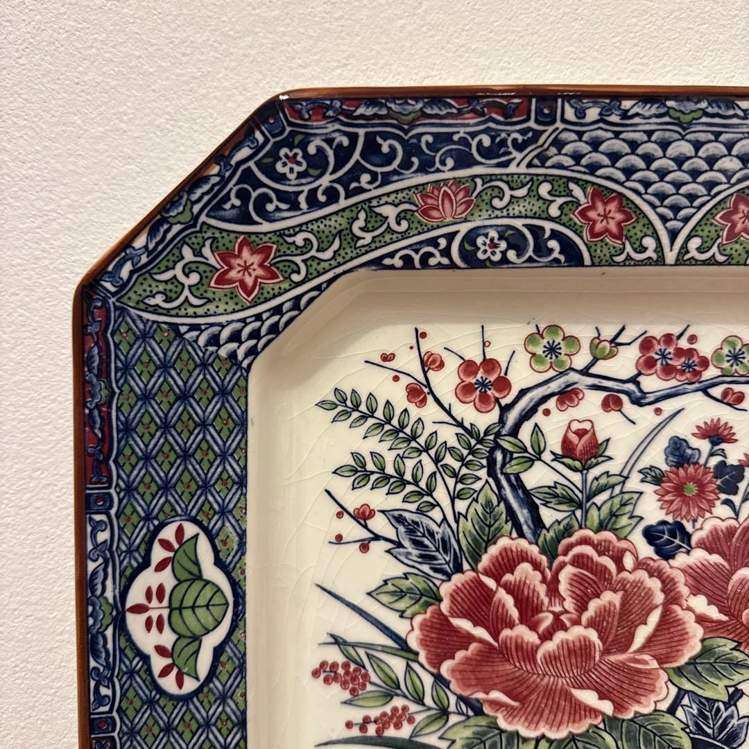 有田焼 伊万里焼 色絵 牡丹御所車文 角皿 飾り皿 有田焼 伊万里焼 染錦 色絵