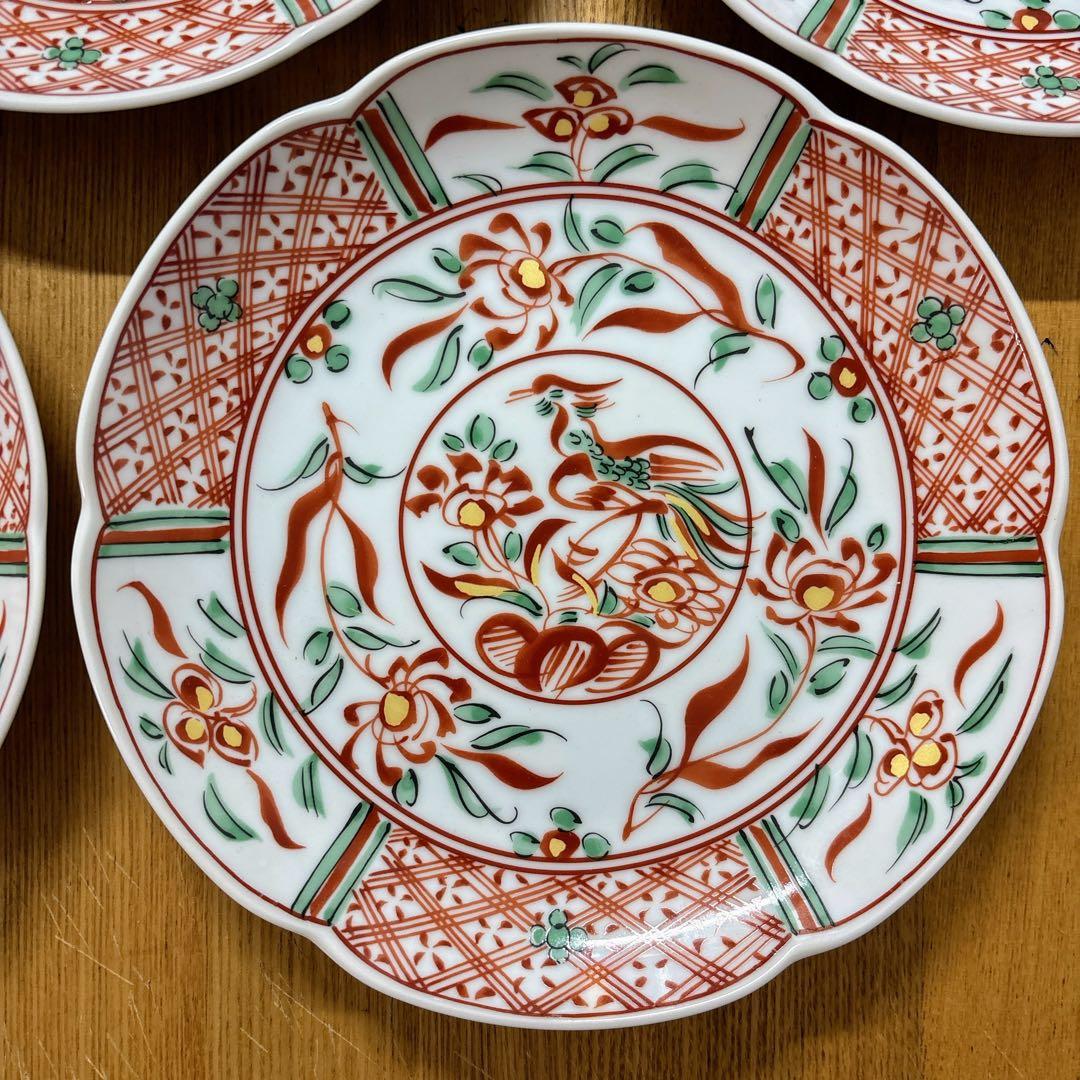 たち吉　赤絵　金彩　和皿揃　中皿　花形皿　盛皿　直径19cm