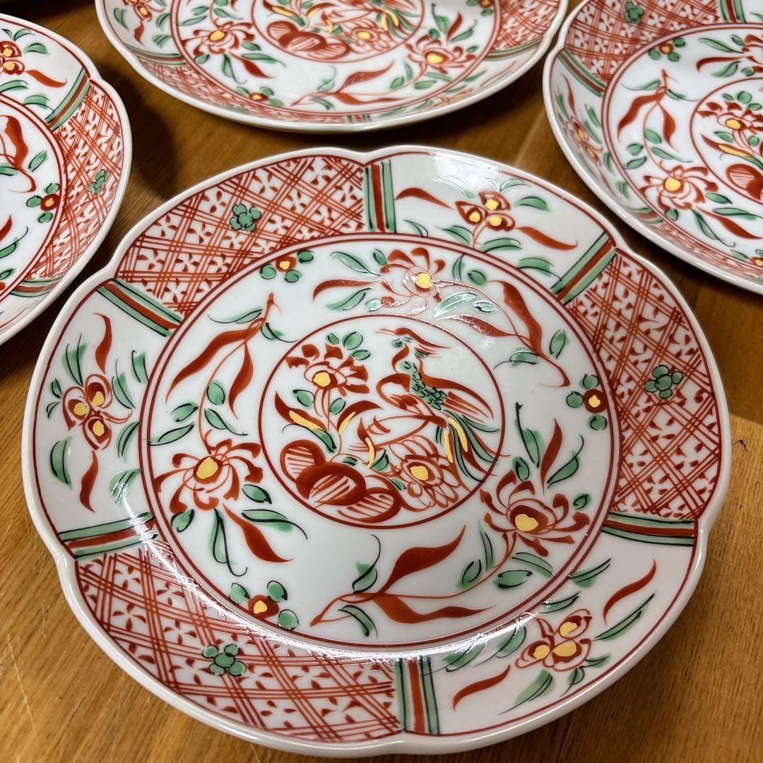 たち吉　赤絵　金彩　和皿揃　中皿　花形皿　盛皿　直径19cm