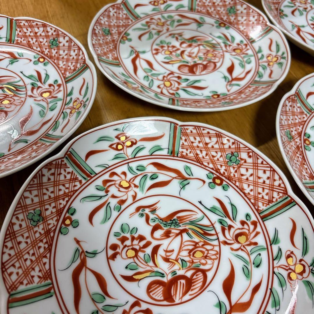 たち吉　赤絵　金彩　和皿揃　中皿　花形皿　盛皿　直径19cm