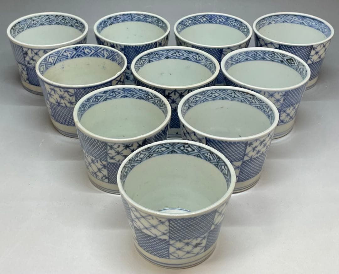 古伊万里　蕎麦猪口　市松格子文　染付　江戸時代 　10客　u019