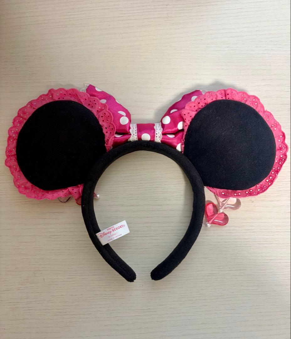 ディズニー　ミニー　水玉リボン　イヤリングカチューシャ　レース　ピンク