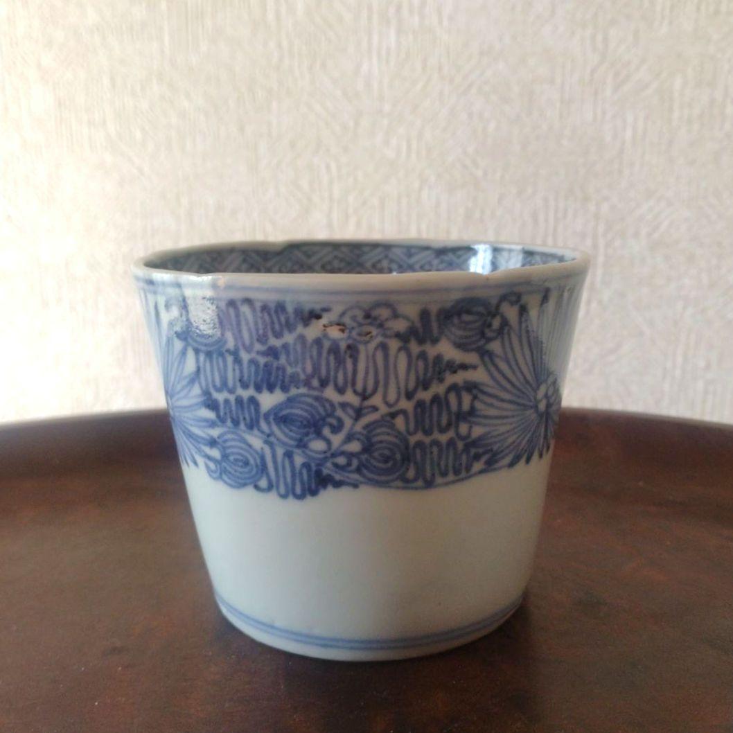 古伊万里染付線描き菊花文様蕎麦猪口江戸後期